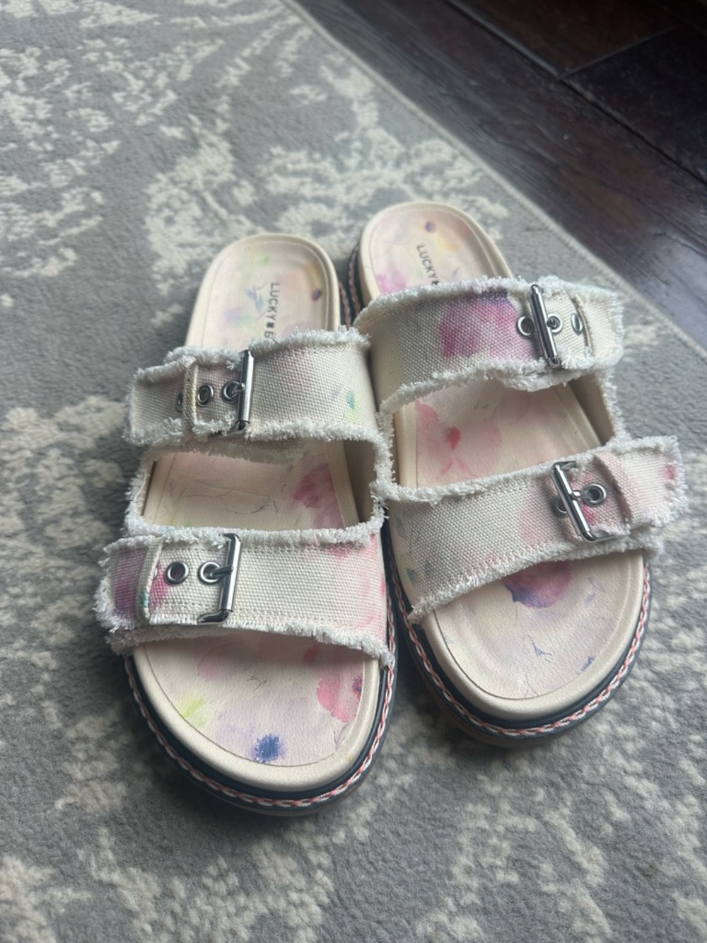 Lucky Brand Kids Cream Canvas Double-Buckle Slide Sandals with Pink Accent